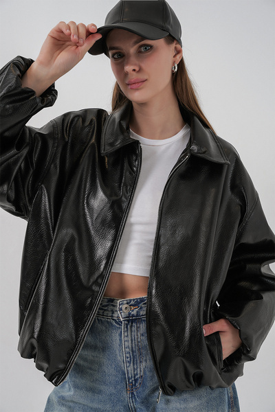 Bigdart Jachetă din piele artificială supradimensionat pentru femei 1049 - Negru