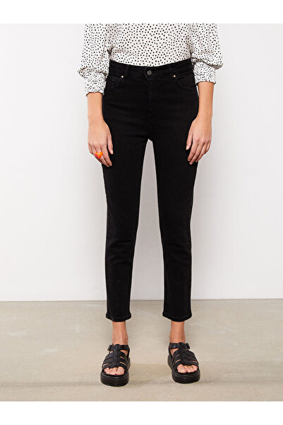 LC Waikiki Black High Waist Slim Mom Women's Jean Trousers with Pocket Detail