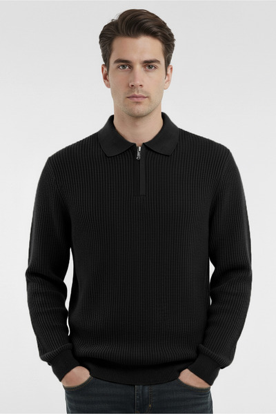 Edwox Men's Patterned Stretch Fabric Zippered Sweater Black Edw428