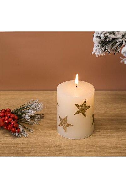 OEM Ecru Christmas candle with gold stars Ø6.5x15 cm