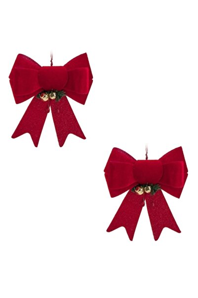 OEM Funde decorative de Crăciun din catifea roșie cu clopoței și crenguță de brad, 16cm - 2 buc