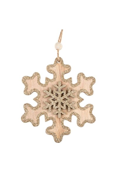 OEM Ornament de Crăciun din lemn - fulg de nea cu sclipici bej 9cm