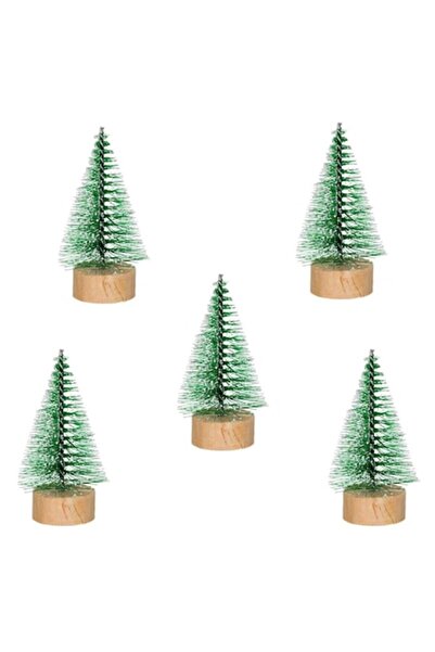 OEM Decorative Christmas Trees Set, 9 cm, Green with Glitter & Snow, Wooden Base, 5 pcs