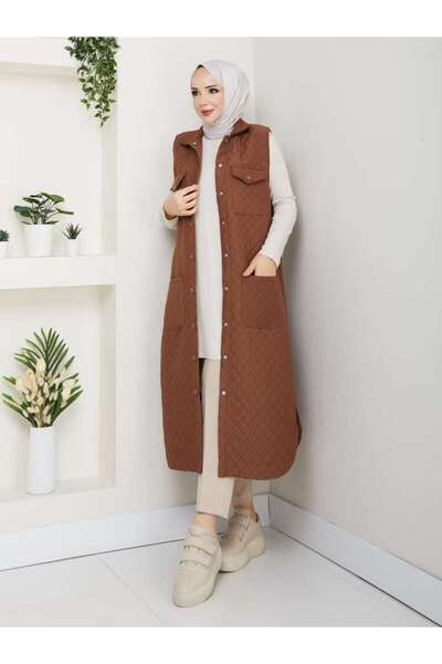 KMKkombin Women's New Season Quilted Shirt Collar with Double Pockets on the Chest Long Vest