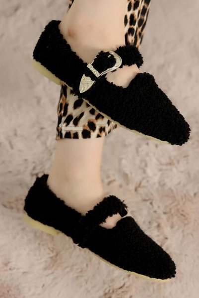 AYAKCİTY Women's Buckled Winter Ballet Flats Home and Outdoor Shoes
