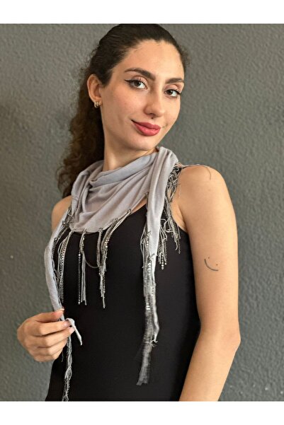 Gönülden Tasarım Gray Women's Scarf with Chain Tassles 150X35 cm