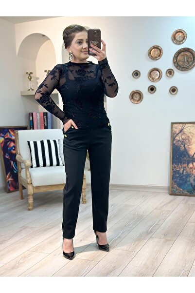 MELTEM TUĞAN Front Button Detailed Crepe Fabric Trousers Black