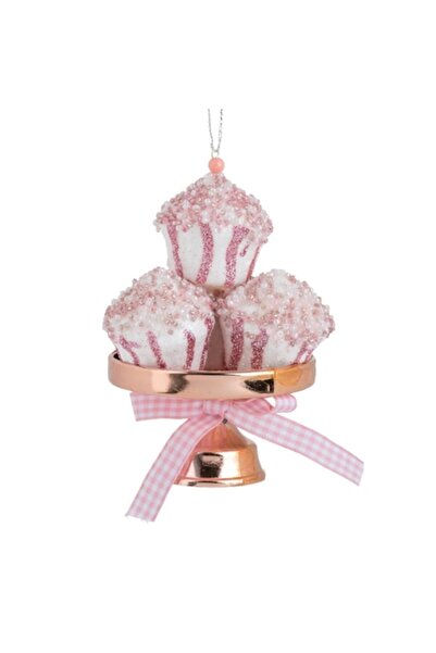 OEM Ornament de Crăciun cu cupcake roz și auriu cu sclipici, pe platou, 13 cm