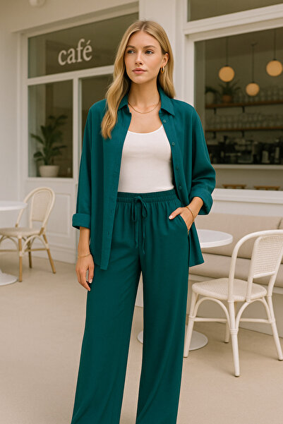 Rich Women's Petrol Blue High Waist Elastic Wide Leg Trousers-Multicolour 35