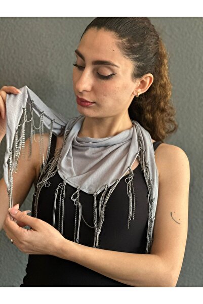 Gönülden Tasarım Gray Women's Scarf with Chain Tassles 150X35 cm