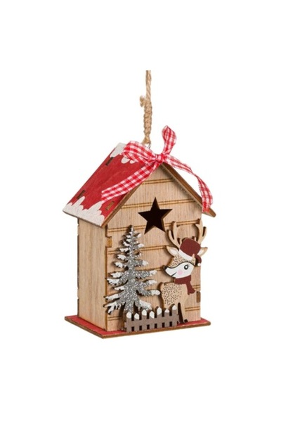 OEM Ornament de Crăciun cu căprioară, casă din lemn, 11 cm