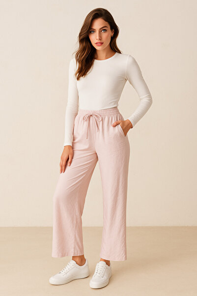 Rich Women's Pink High Waist Elastic Wide Leg Trousers-Multicolour 4