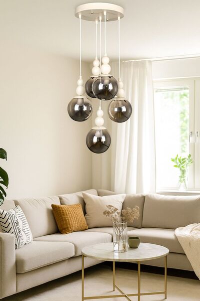 VENON Kardan Adam 5.Lİ SARKIT BEYAZ FÜME GLOP CAM TAVAN MONTAJLI Avize Salon ...