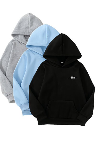 Sweetline 3-комплектний светр з капюшоном - з принтом Minimal Hope - чорний, блакитний, сірий - зимовий шерстяний матеріал