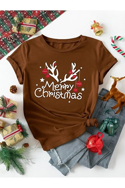 OVER HEAD Merry Christmas Deer Print Oversize, Crew Neck, Short Sleeve T-Shirt