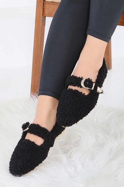 AYAKCİTY Women's Buckled Winter Ballet Flats Home and Outdoor Shoes