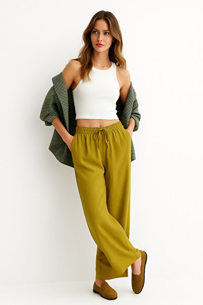 Rich Women's Oil Green High Waist Elastic Wide Leg Trousers-08 Bewegen 92