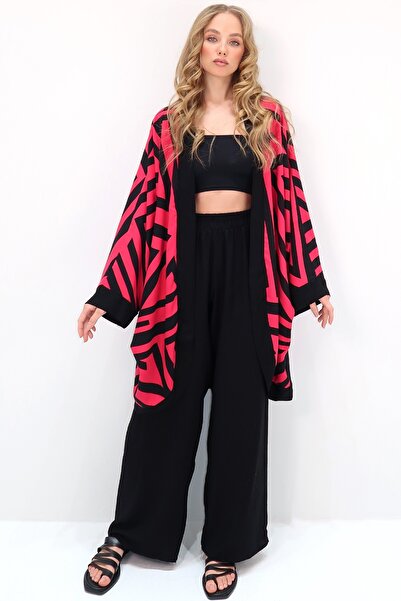 Trend Alaçatı Stili Red Black Women's Kimono and Palazzo Pants Set - Bat Sleeve, Double Pocket Alc-X13639