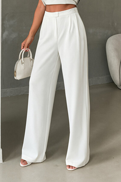 Timburly Kadın Yüksek Bel Pileli Kore Pantolonu Beyaz