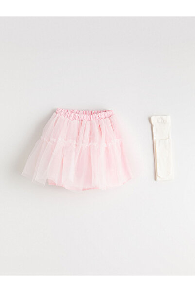 LC Waikiki Pink Elastic Waist Girls Tutu Skirt and Pantyhose Set of 2