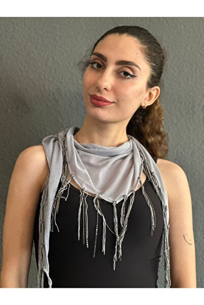 Gönülden Tasarım Gray Women's Scarf with Chain Tassles 150X35 cm