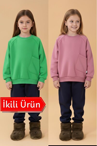 Perendi Girl's Comfortable Fit Pocket Detailed 2-Piece Sweatshirt with Fleece Inside – Green & Pink