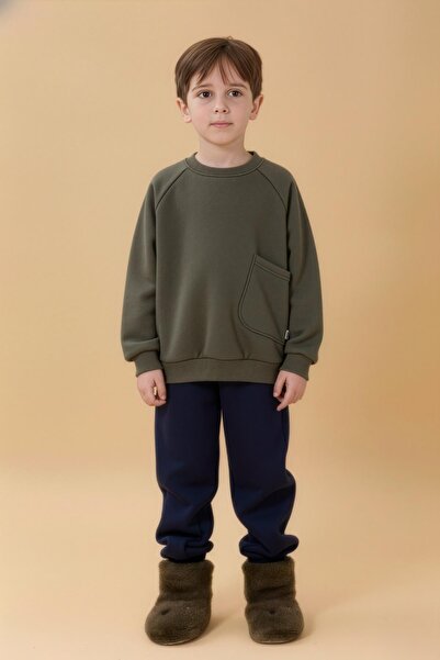 Perendi Boy's Comfortable Fit Pocket Detailed 2-Piece Sweatshirt with Fleece Inside – Khaki & Navy Blue