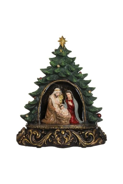 OEM Brad de Crăciun din polirășină cu Sfânta Familie și lumină LED 19x12x24cm