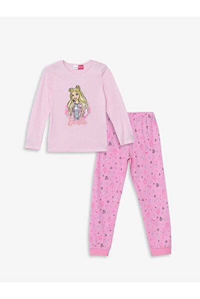 LC Waikiki Pink Crew Neck Printed Long Sleeve Girls Pajama Set