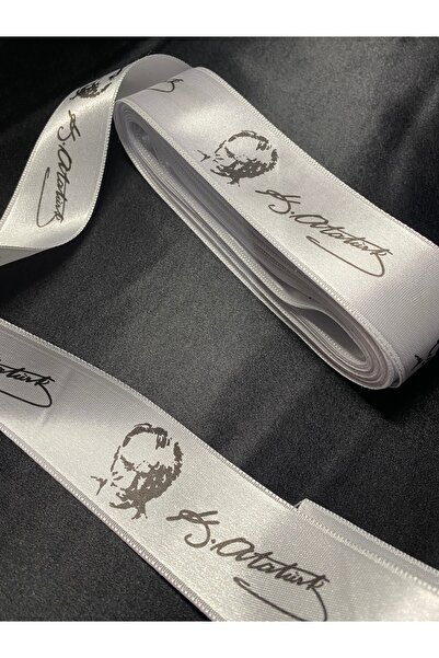 Massaltay White Ataturk Signed 4cm Satin Ribbon - 5 Meters National Special Decoration Ribbon