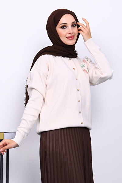 İmajButik Κρεμ Κεντημένη Ζακέτα με Κουμπιά