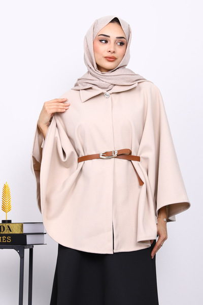 İmajButik Cream Belted Cashmere Poncho