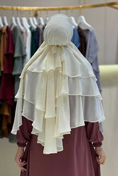 Bym Fashion 3 Layer Chiffon Souffle Shawl with Veil 6012 Cream