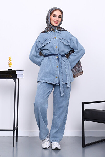 İmajButik Σετ τζιν με ανοιχτό μπλε παντελόνι με ζώνη στη μέση