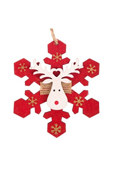 OEM Ornament de Crăciun din lemn - Fulg de zăpadă roșu cu cerb alb, 10 cm