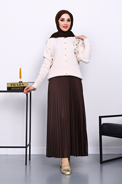 İmajButik Cream Embroidered Buttoned Knit Cardigan