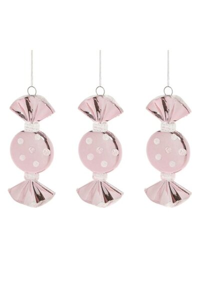 OEM Set of 3 pink candy Christmas tree ornaments with white polka dots, 9 cm