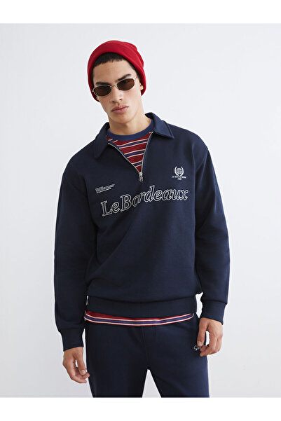 LC Waikiki سترة سميكة للرجال باللون الأزرق الداكن بياقة بولو مطبوع