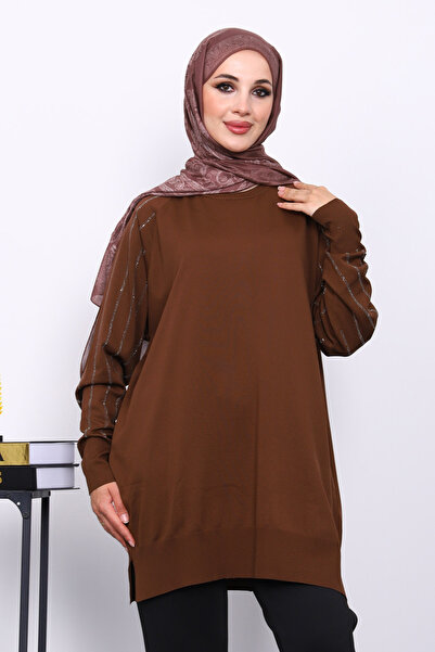 İmajButik Brown Crew Neck Stone Knit Tunic