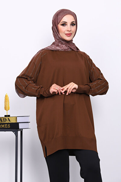 İmajButik Brown Crew Neck Stone Knit Tunic