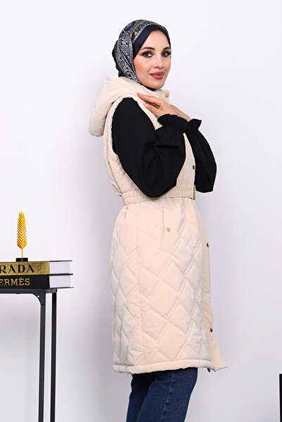 İmajButik Cream Hooded Belted Puffer Vest