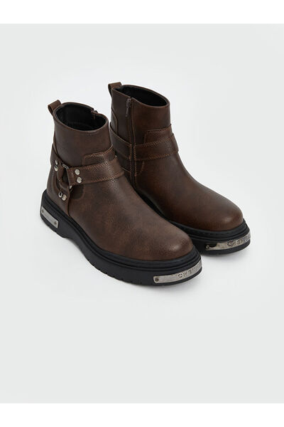 LC Waikiki Kahverengi Deri Görünümlü Erkek Biker Bot