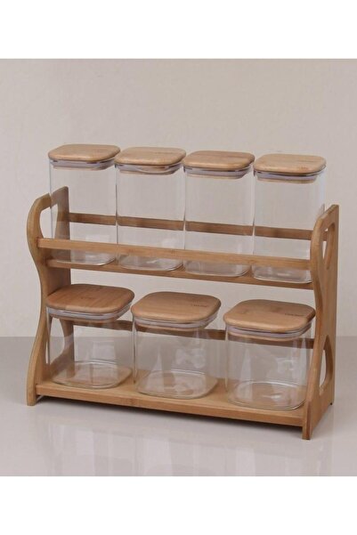 RİVO HOME DECOR Bamboo Square Glass Spice Set 7 Pieces with Bamboo Stand