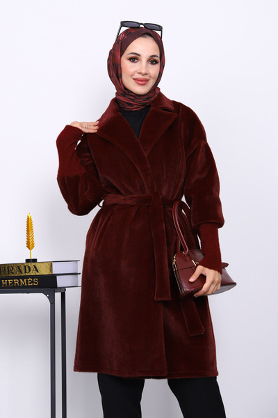 İmajButik Burgundy Belted Angora Coat with Double Pockets
