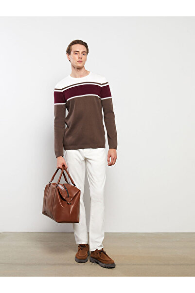 LC Waikiki Brown Crew Neck Long Sleeve Color Block Men's Knitwear Sweater