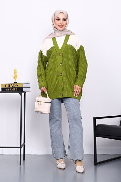 İmajButik Green V-Neck Buttoned Knitwear Cardigan