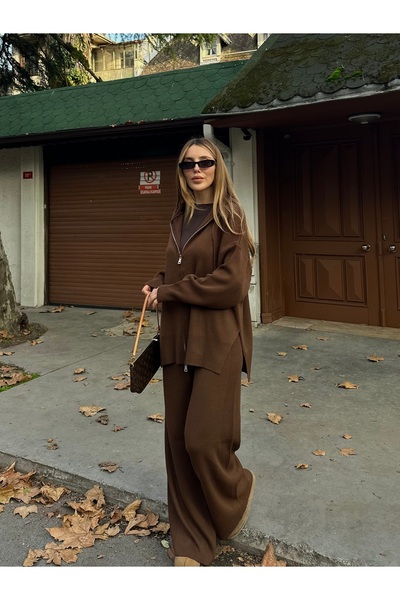 Laluvia Brown Zippered Hooded Knitwear Set - 0511