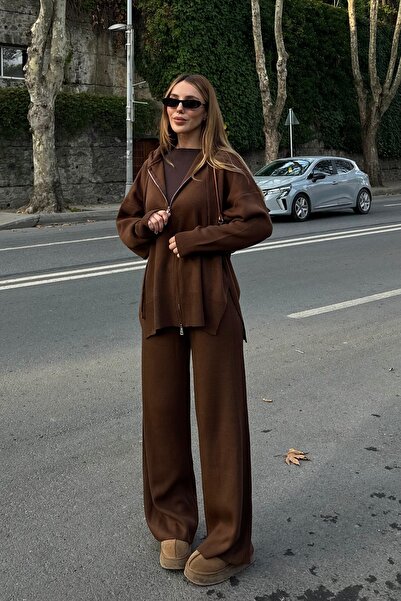 Laluvia Brown Zippered Hooded Knitwear Set - 0511