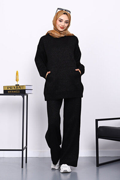 İmajButik Black Hooded Kangaroo Pocket Trouser Knitwear Set