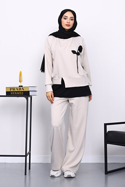 İmajButik Stone Crew Neck Rose Detailed Tunic Modal Suit with Trousers